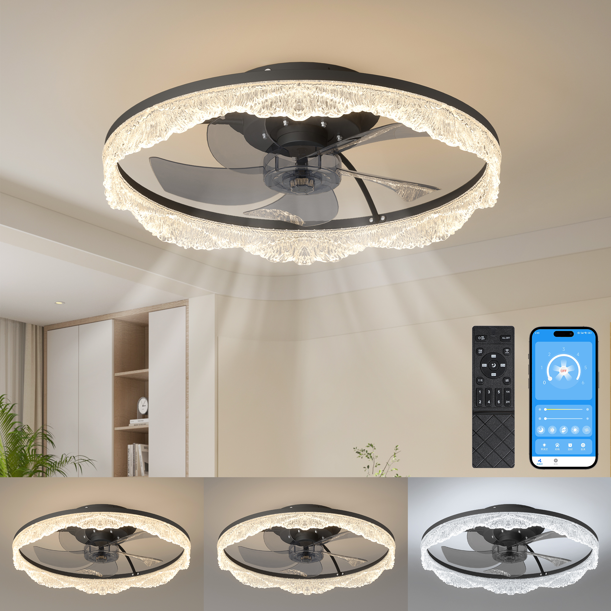 20 Decorative LED Ceiling Fan Light Modern Flush Mount With Acrylic Ring, Hidden Blades, Remote Control, And Dimmable Light For Stylish Homes Black
