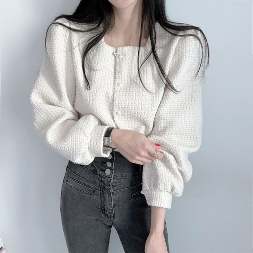French Style Square Neck Pearl Button Puff Sleeve Jacket