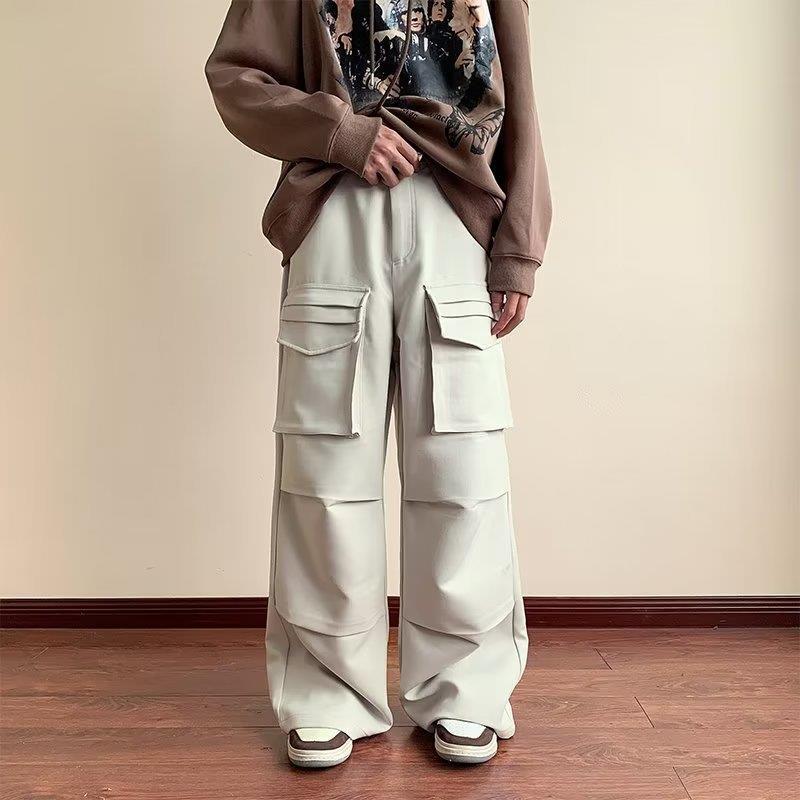 Loose Design And High Street Fashion Straight Tube Large Pocket Wide Leg Workwear Pants For Men