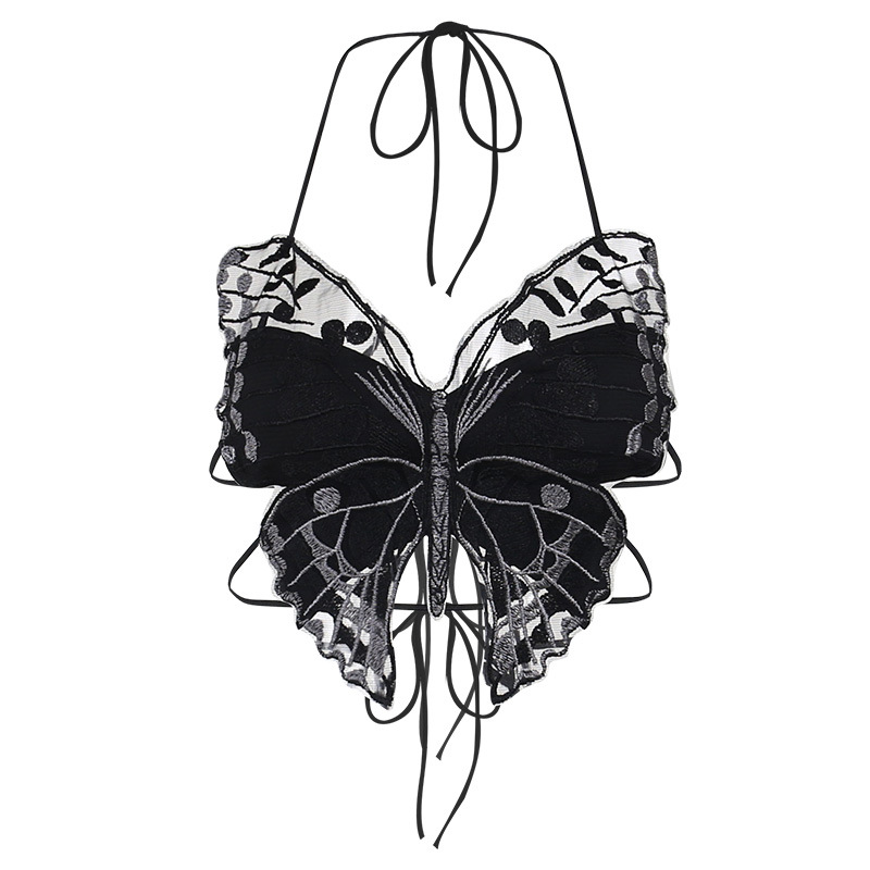 Summer Design Street Dark Butterfly Lace Top With Narrow Straps