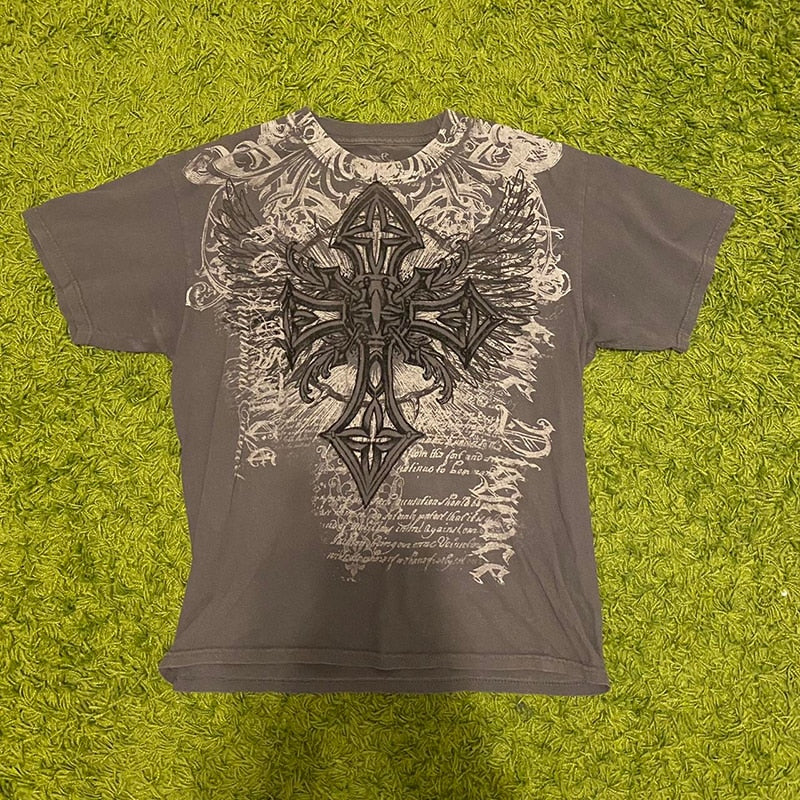 Gray Green Cross Cotton T-shirt For Women
