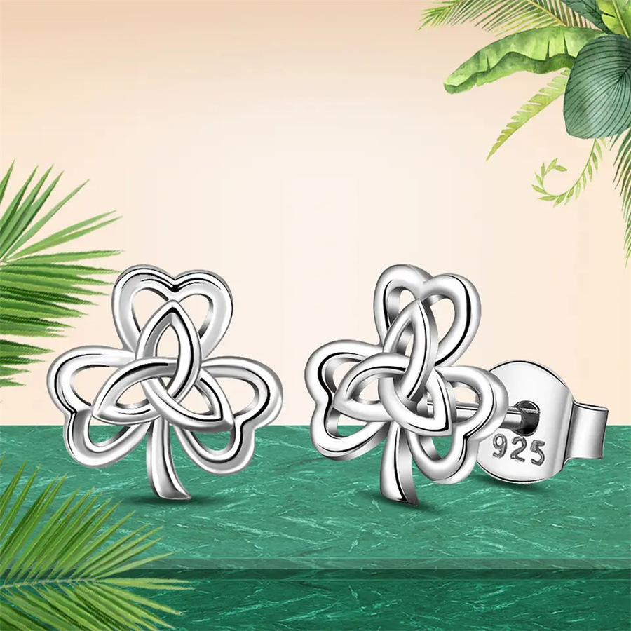 Title 1, 925 Sterling Silver Three-Leaf Clover Simple Ea...