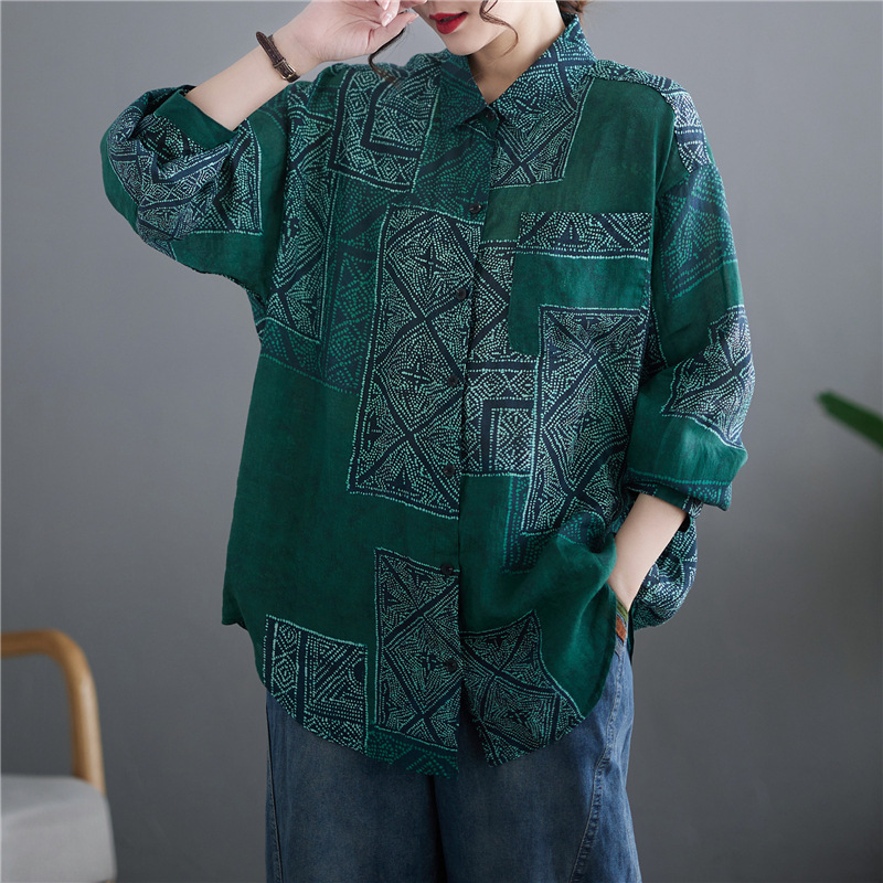 Artistic Retro Temperament Printed Loose Short Front And Long Back Ramie Long Sleeve Lapel Shirt