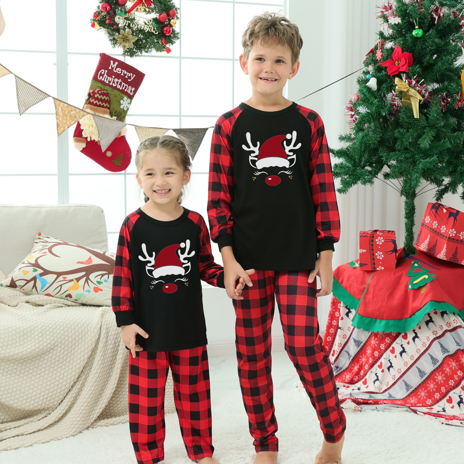 Title 2, Plaid Stitching Printing Christmas Homewear Par...