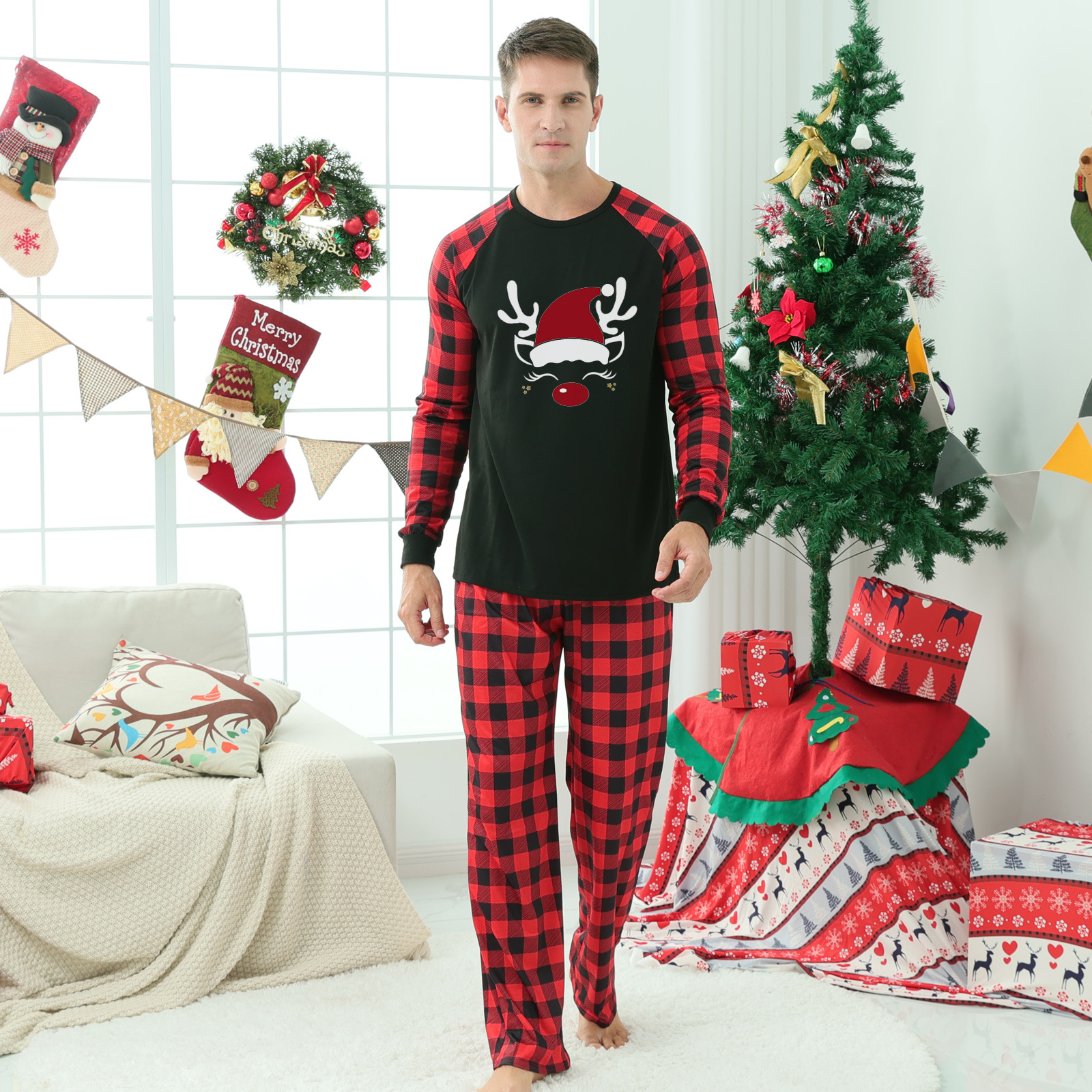 Title 5, Plaid Stitching Printing Christmas Homewear Par...