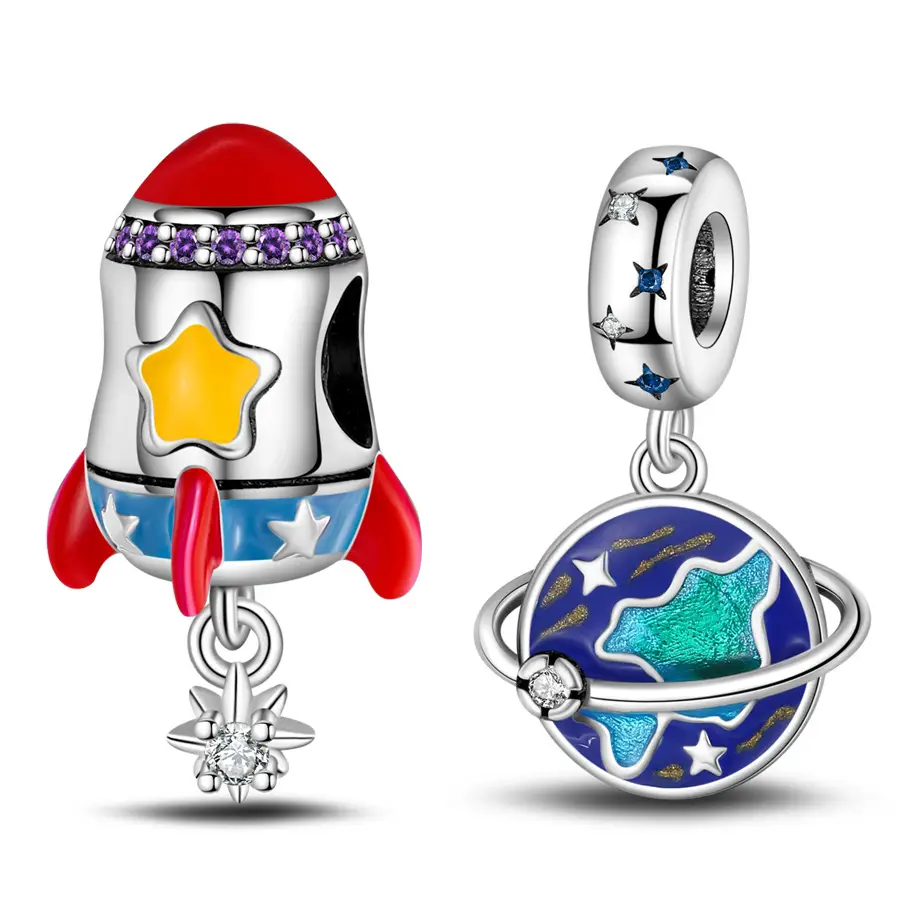 White Copper Plated 925 Silver Original New Rocket Beaded Moon Charm Accessories DIY Beads Bracelet Necklace