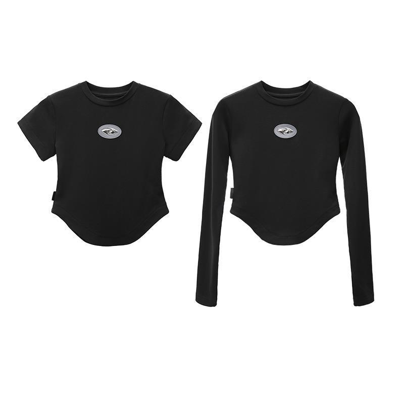 Three-dimensional Labeling Curved Hem High Waist Shoulder Short Bottoming Shirt Long Sleeveshort Sleeve