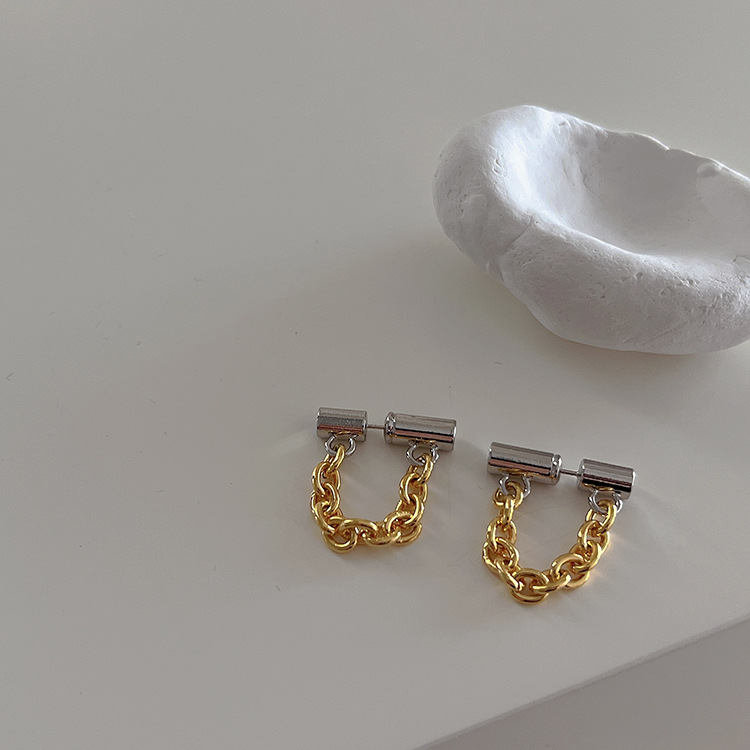 Niche Design Gold And Silver Contrast Color Metal Chain Earrings