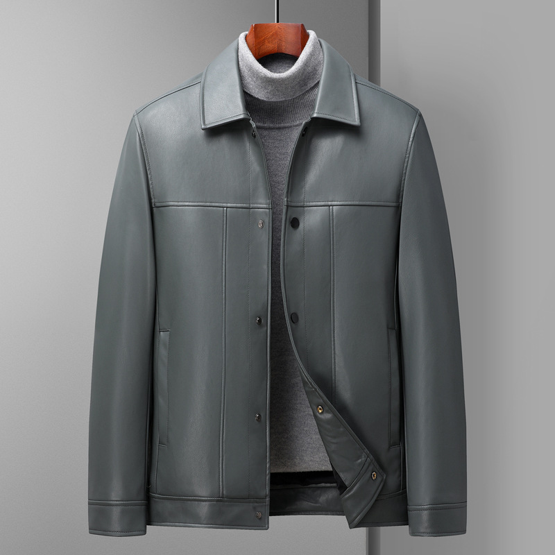 Fashion Polo Collar Thin Multi-color Optional Single-breasted Middle-aged Haining Men’s Leather Jackets