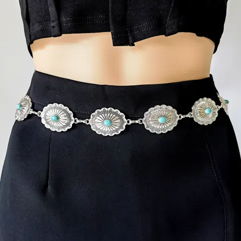 Turquoise Inlaid Waist Chain Ancient Carving Vintage Gold Accessories