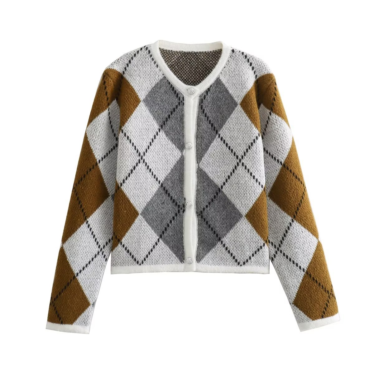Rhombus Round Neck Knitted Cardigan Sweater