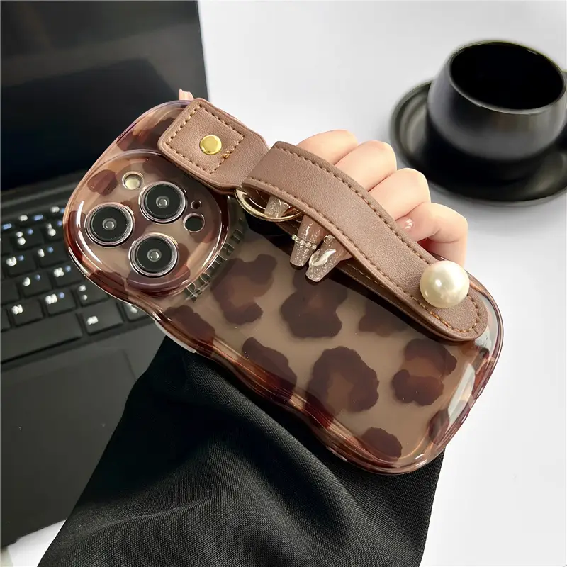 Brown Leopard Print Leather Wristband Machine Phone Case