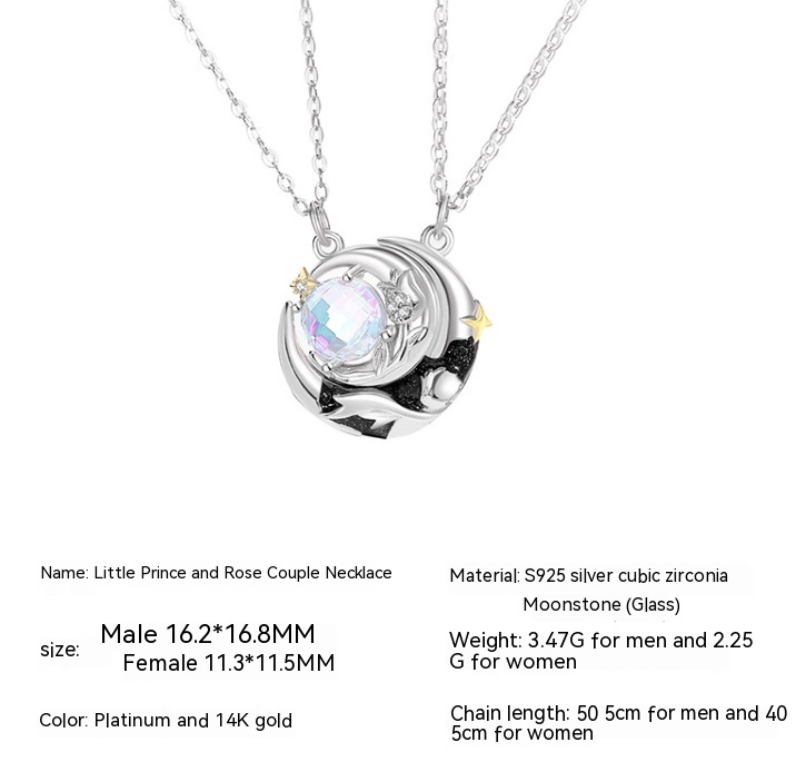 925 Couple Necklace In Sterling Silver Star Moon Little Prince And Rose Special-interest Design Clavicle Chain Necklace