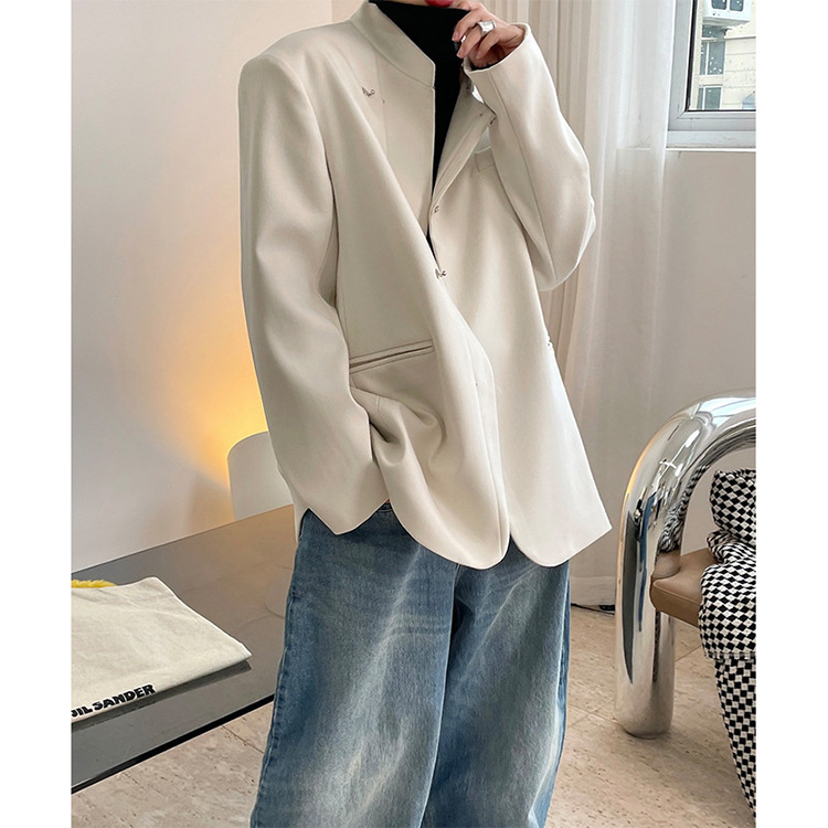 Retro Chinese Buckle Suit Oblique Placket Stand Collar Jacket