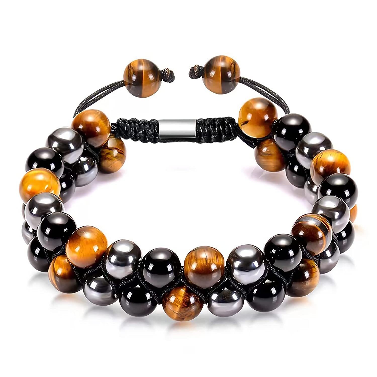 Title 4, Natural Stone Tiger Eye Woven Double-layer Brac...