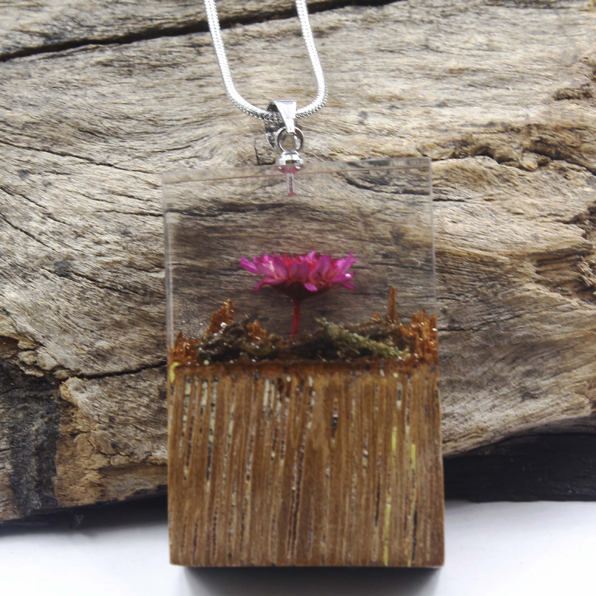 Title 3, Handmade Real Dried Flower Wooden Pendant Necklace