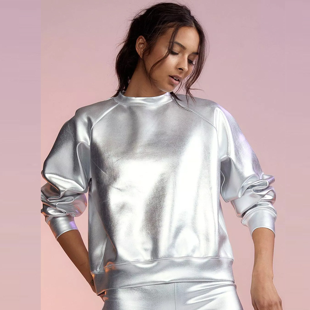 Round Neck Long Sleeve PU Leather European And American Top Leather Coat