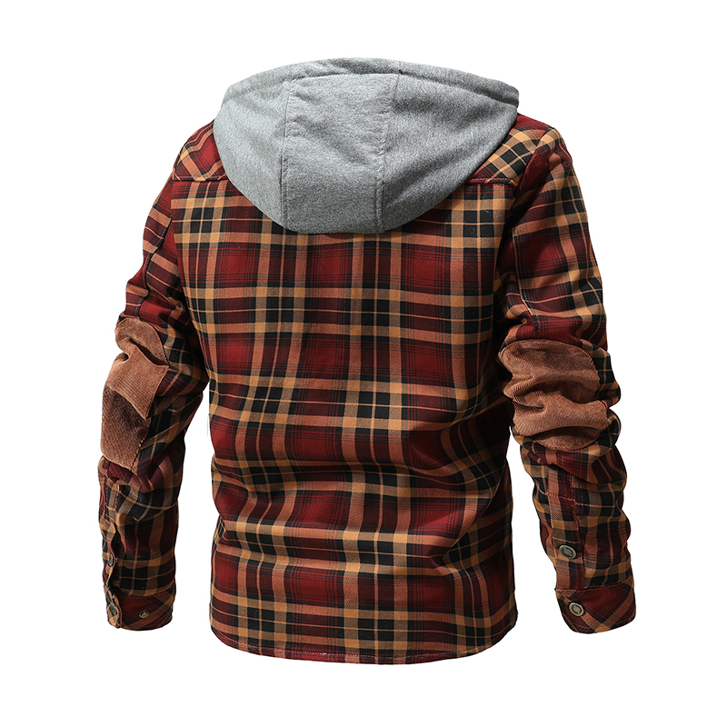 Men Warm Jacket Fleece Lining Lumberjack Plaid Hooded Jackets Snap Button