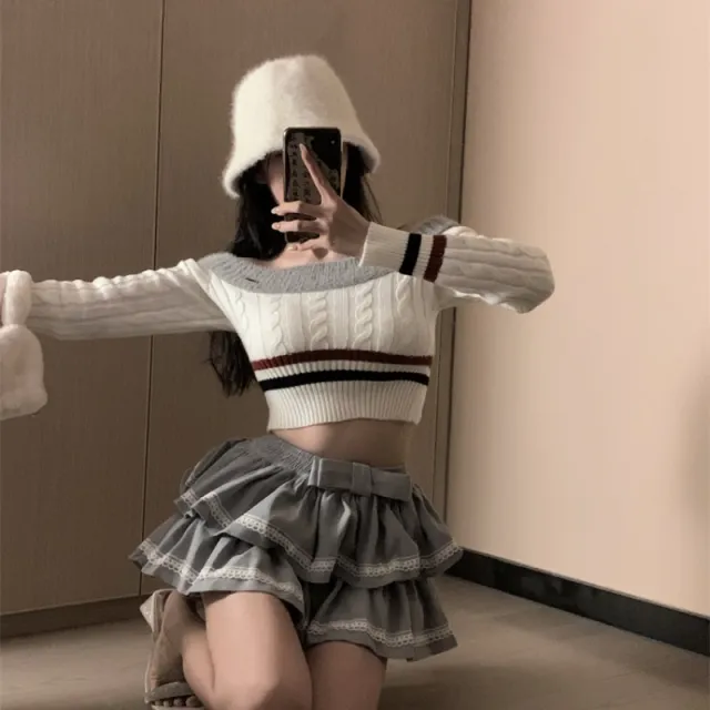 Women's Knitwear American style Retro Contrast Color Design Off shoulder Long Sleeve White Top - Shop at LoveMi