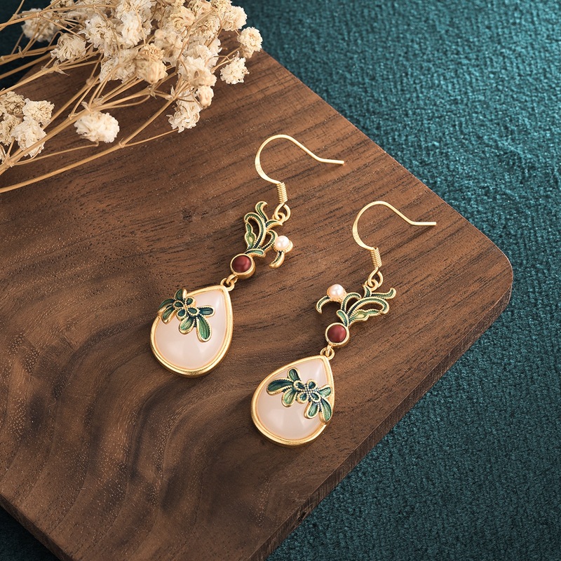 Enamel Gradient Color Special-interest Design High-grade Flower Antique Hetian Jade Ear Studs Female