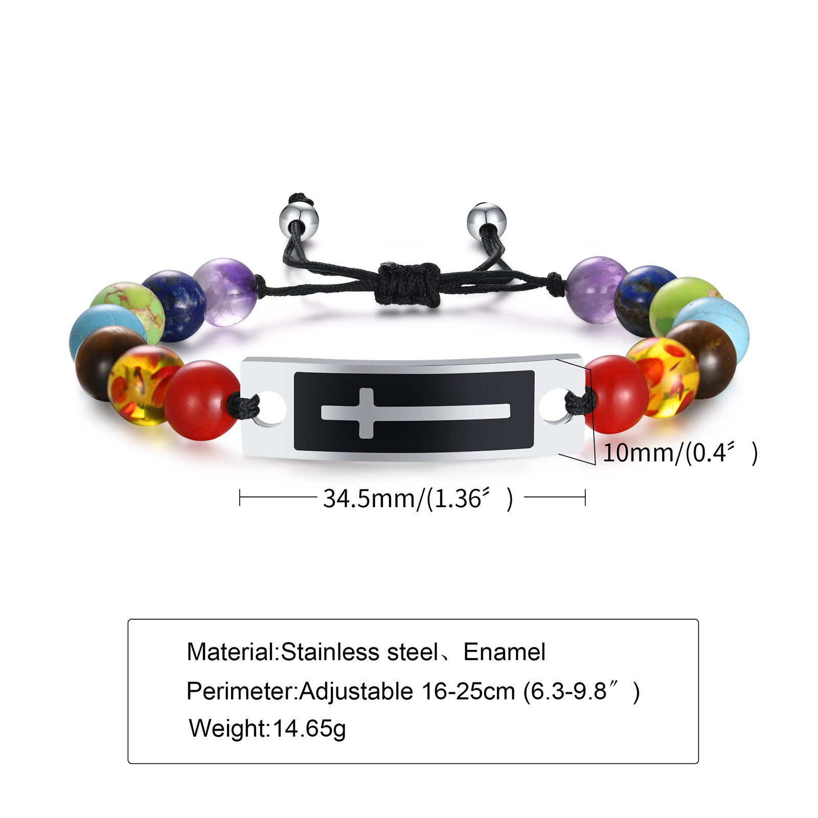 Bracelet Stainless Steel Curved Cross Black Agate Tigereye Beaded Weave Bracelet