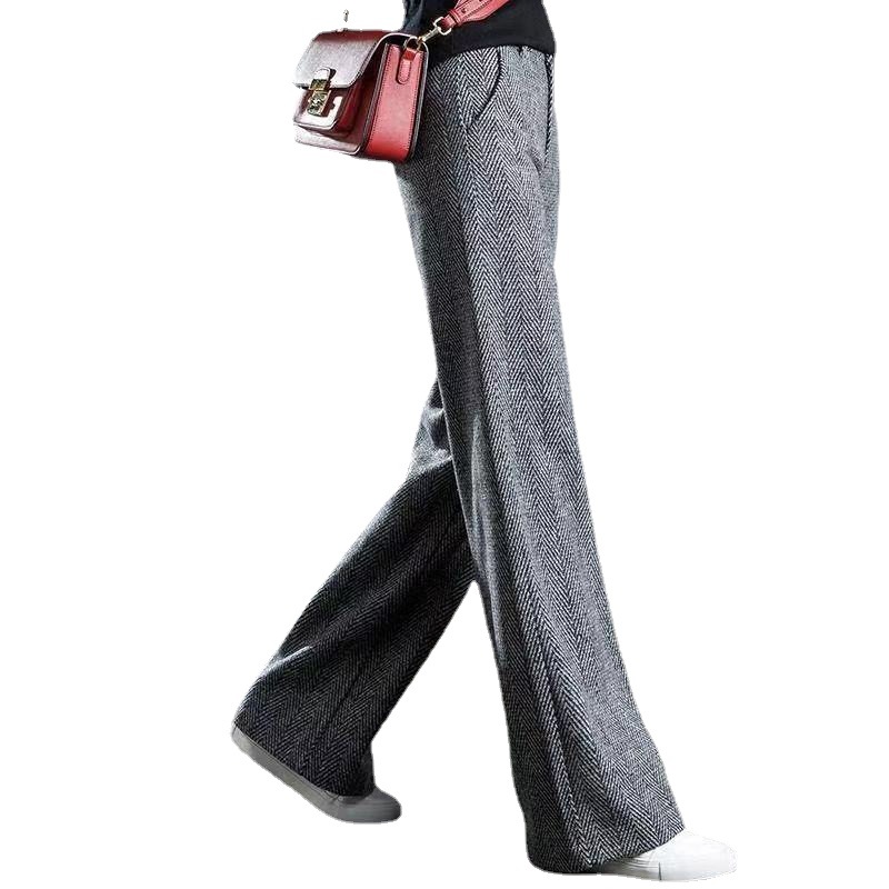 Title 2, Herringbone Pattern Woolen Wide-leg Pants Femal...