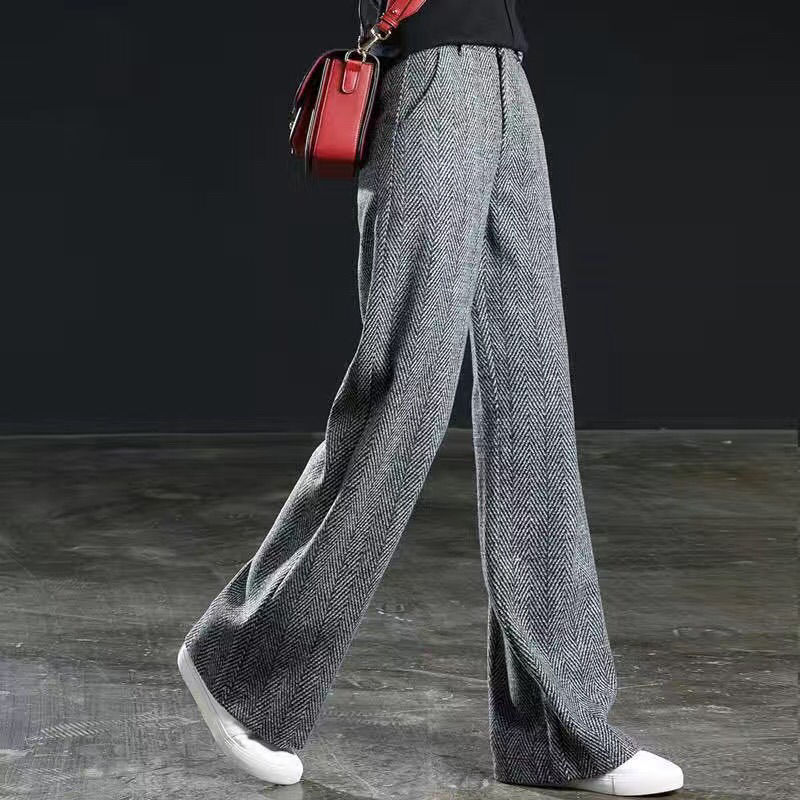 Title 6, Herringbone Pattern Woolen Wide-leg Pants Femal...