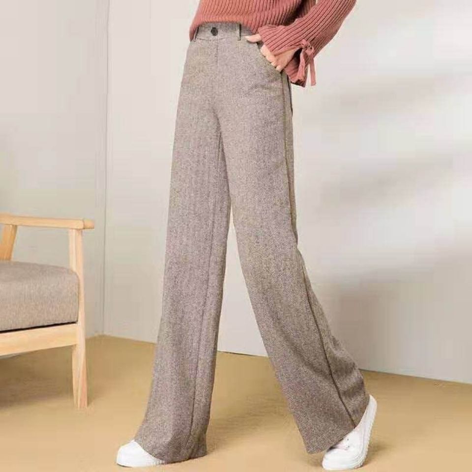 Title 7, Herringbone Pattern Woolen Wide-leg Pants Femal...