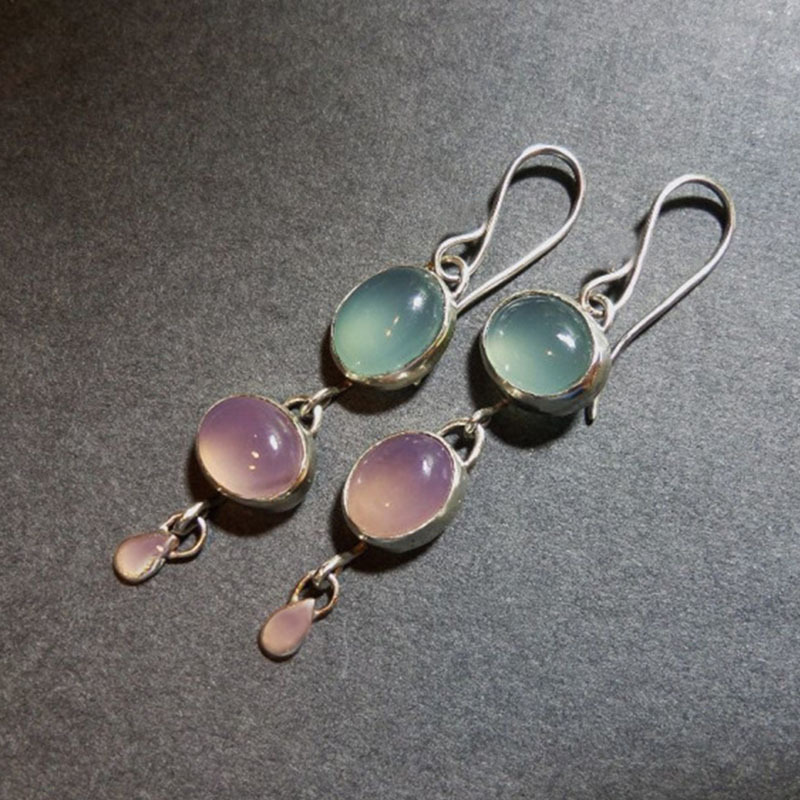New Simple Asymmetric Pink And Green Oval Opal Pendant Earrings