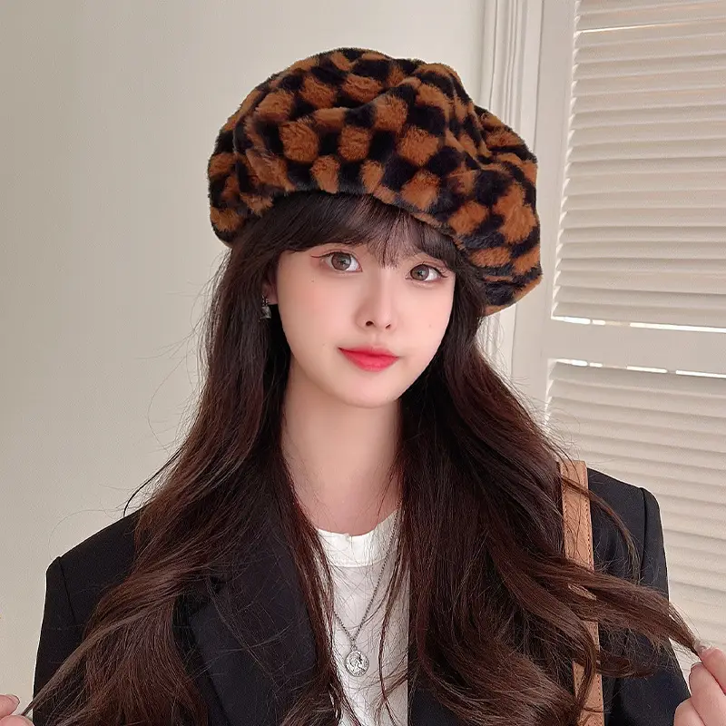 Versatile Warm Checkerboard Plush Beret