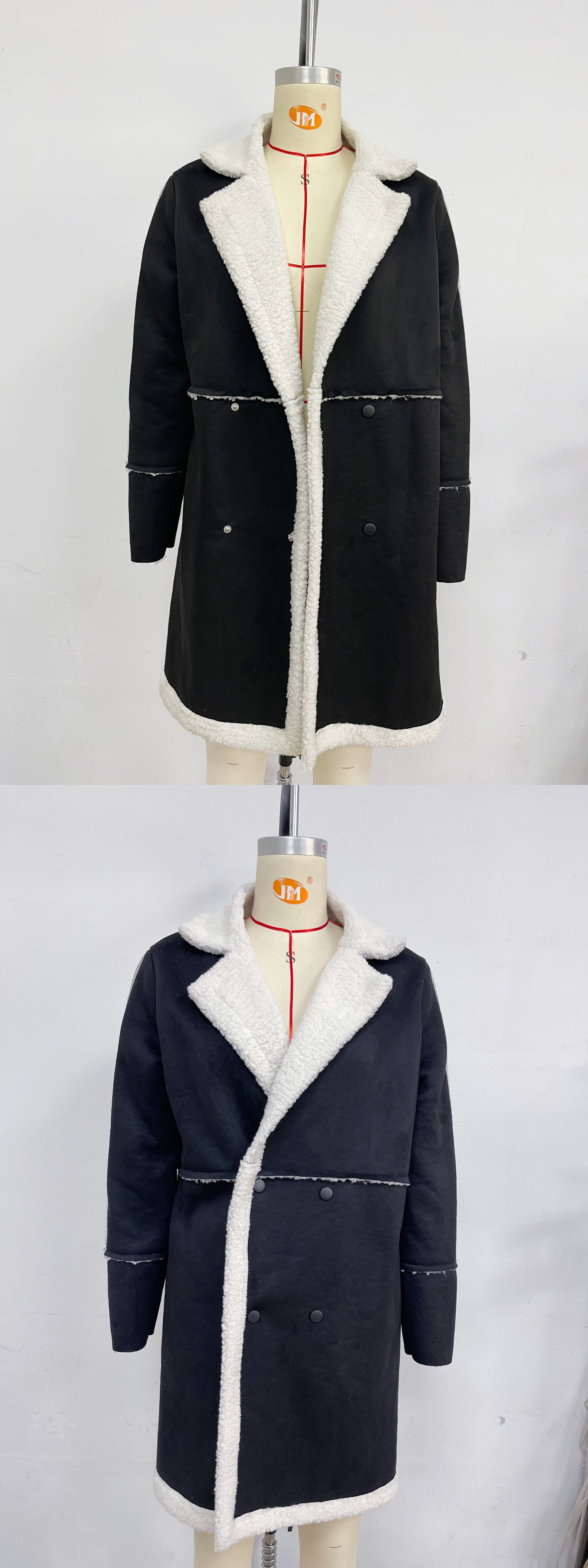 European And American Pure Color Thickened Lambswool Splicing Overcoat