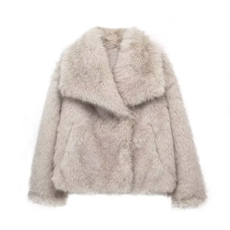 Women's Lapel Long Sleeve Faux Fur Snap Cardigan Loose