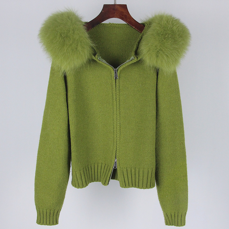 Leisure Hooded Real Fox Fur Collar Fashion All-match Sweater Outer Fur Coat