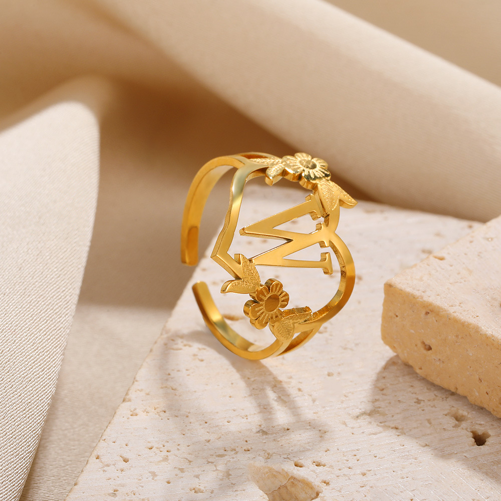 18K Stainless Steel Heart-shaped English Letter Adjustable Ring