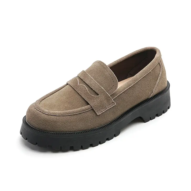 Loafers Comfort And Casual Matte Cowhide British Style Women's Shoes Chunky Heel Platform Slip-on Retro