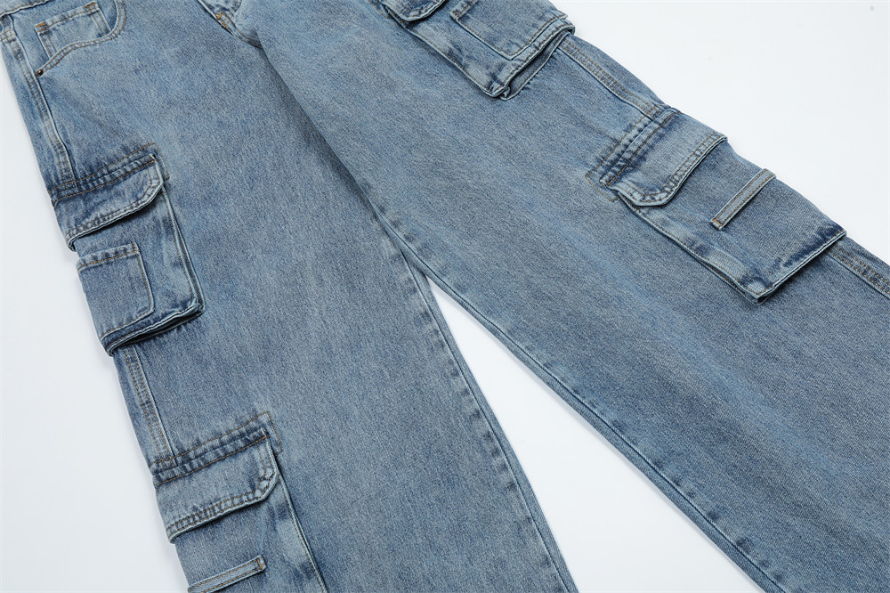 American Retro Multi-pocket Distressed Straight Cargo Pants Men - Image 16