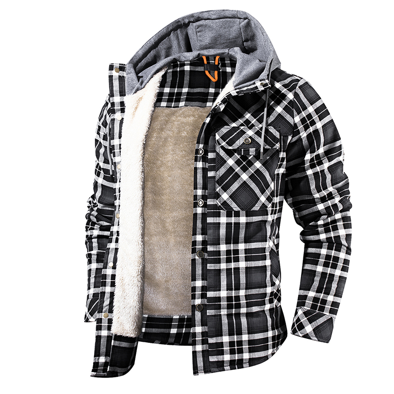 Men Warm Jacket Fleece Lining Lumberjack Plaid Hooded Jackets Snap Button