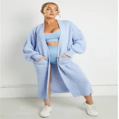 Women's Solid Color Knitwear Pocket Cardigan Mid-length Sweater Women's Coat - Sky Blue - View 1