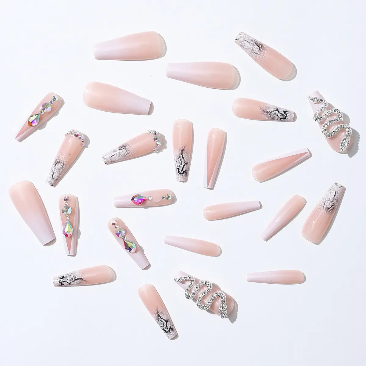 Simple French Fragment Cool Silver Snake Rhinestone Nail Beauty Finished Product