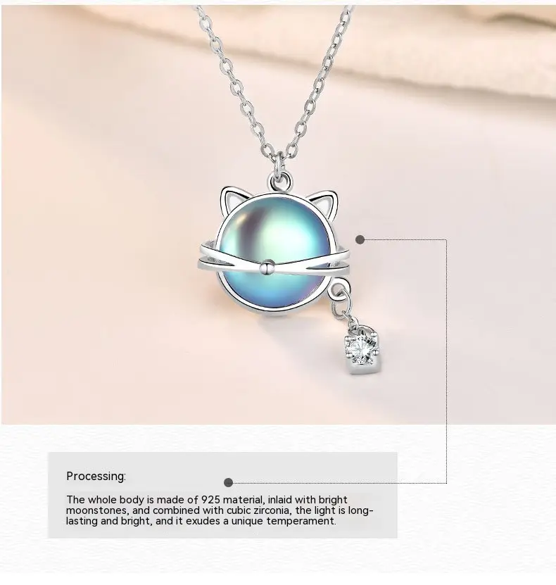 Cat Moonstone Necklace 925 Silver Female Short Tassel Meow Planet Clavicle Chain