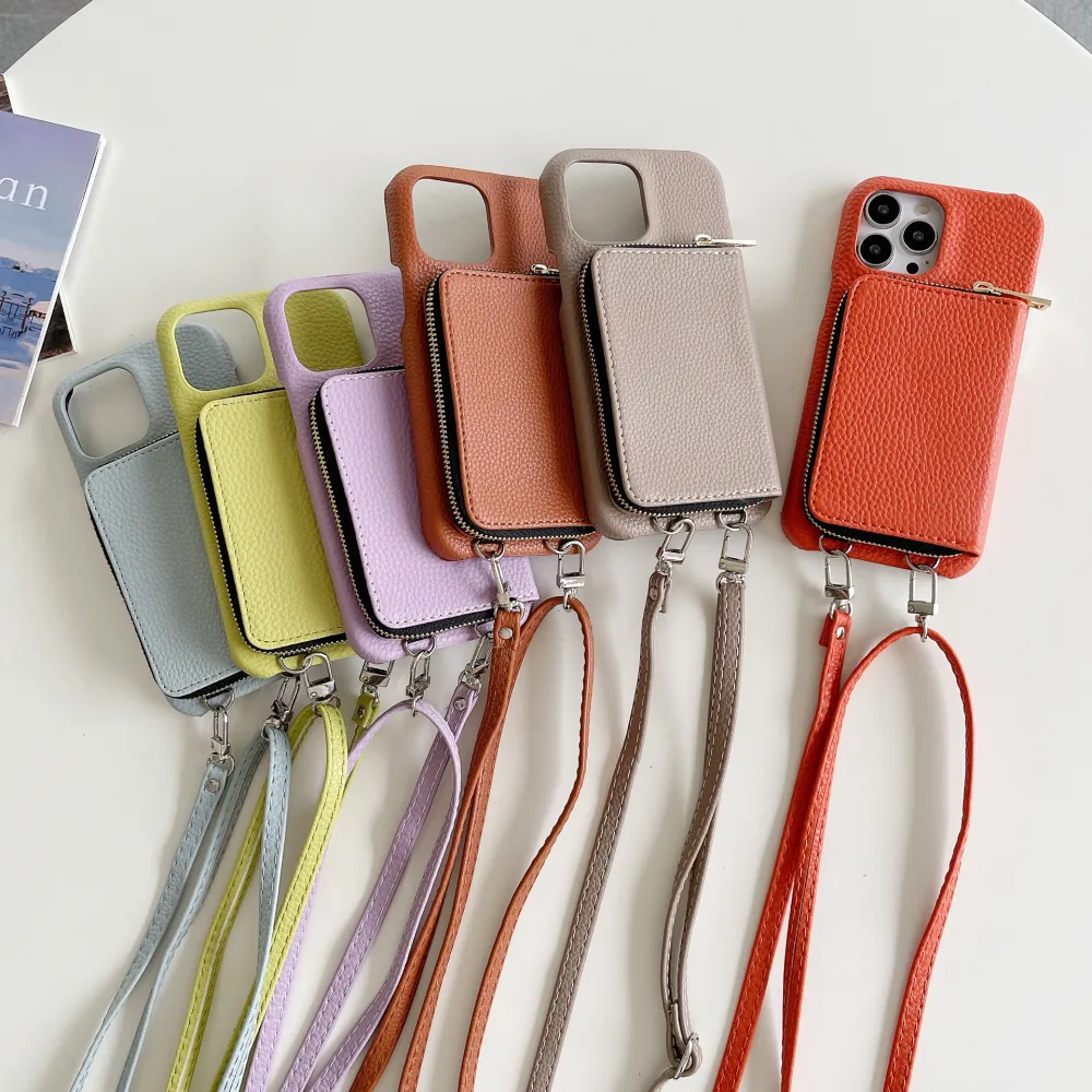 Phone Case Lychee Pattern Protective Cover Zipper Card Holder Lanyard