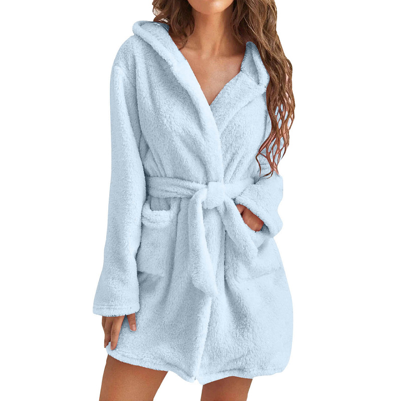 Title 4, Plush Solid Color Hooded Home Warm Bathrobe Paj...