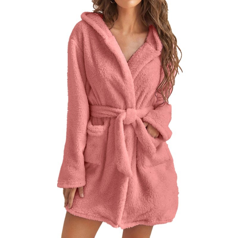 Title 6, Plush Solid Color Hooded Home Warm Bathrobe Paj...