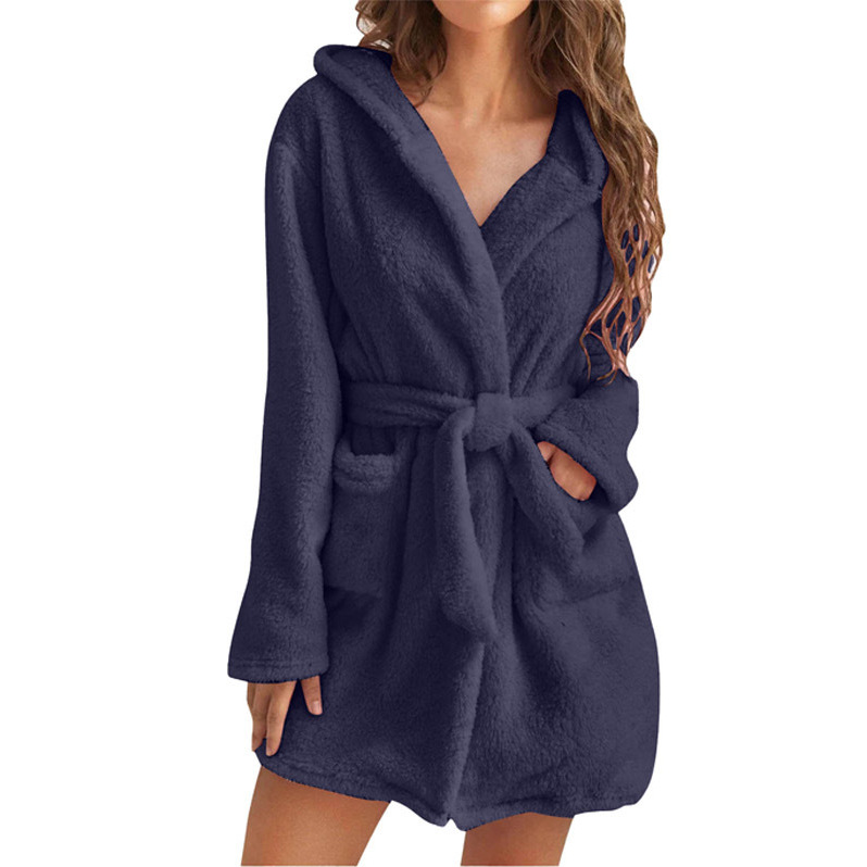 Title 7, Plush Solid Color Hooded Home Warm Bathrobe Paj...