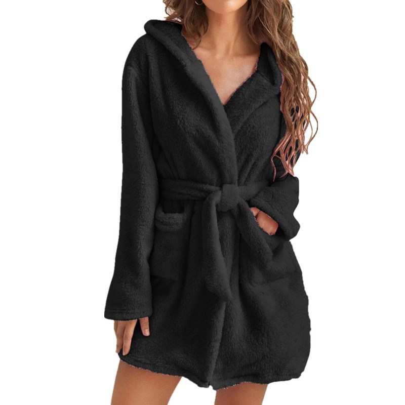 Title 12, Plush Solid Color Hooded Home Warm Bathrobe Paj...