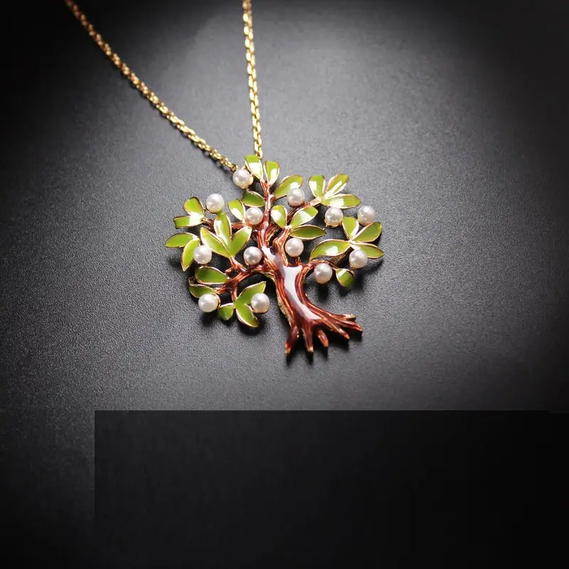 18K Gilded Enamel Green Tree Pendant Long T-shirt Decorative Chain Sparkling Necklace For Women