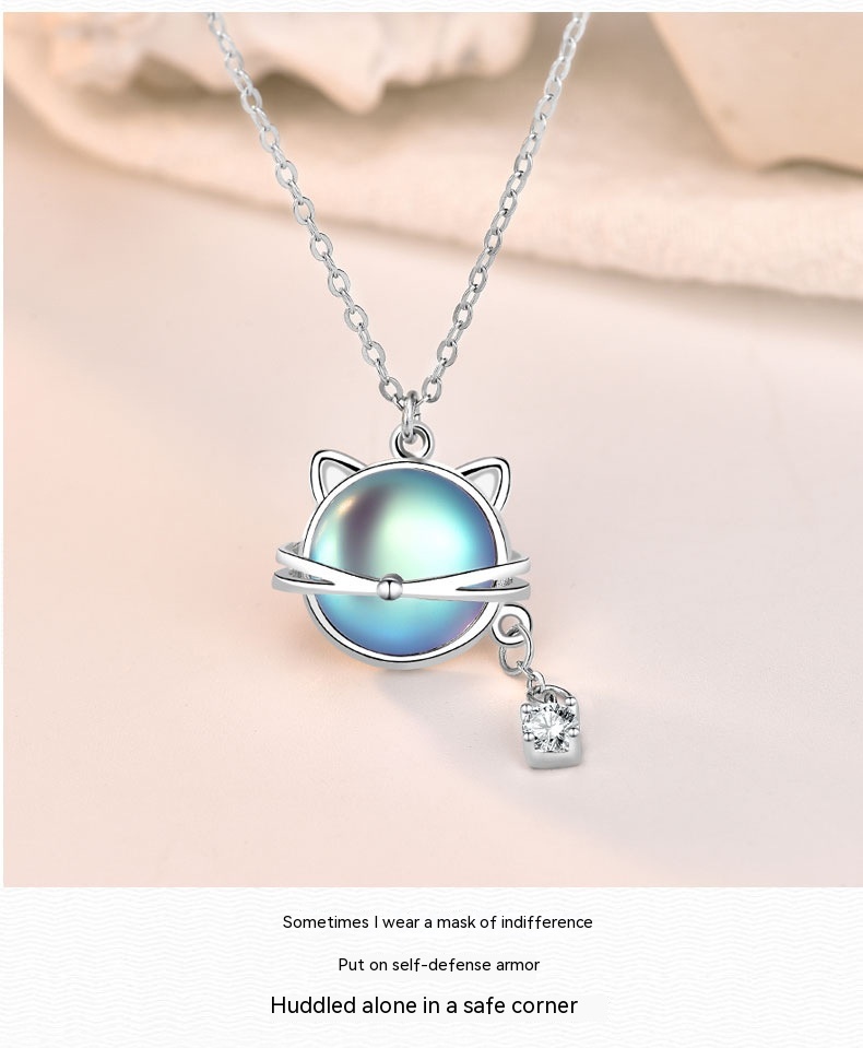 Title 6, Cat Moonstone Necklace 925 Silver Female Short ...