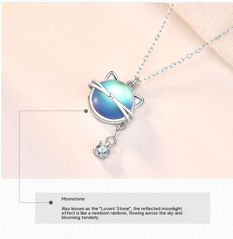 Title 7, Cat Moonstone Necklace 925 Silver Female Short ...