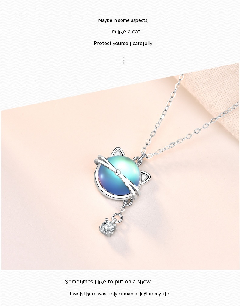 Title 9, Cat Moonstone Necklace 925 Silver Female Short ...