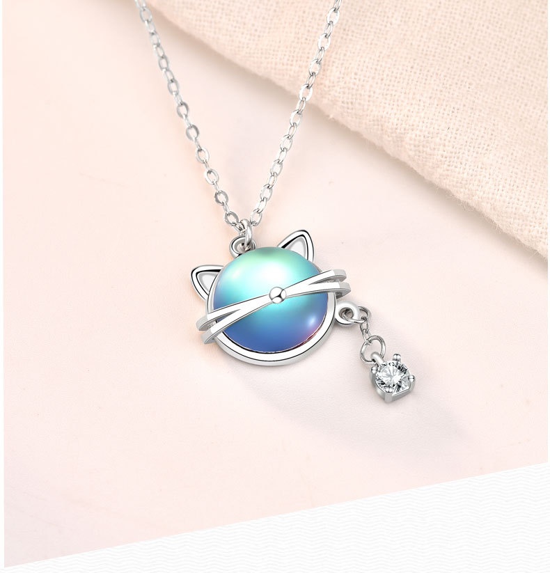 Title 10, Cat Moonstone Necklace 925 Silver Female Short ...